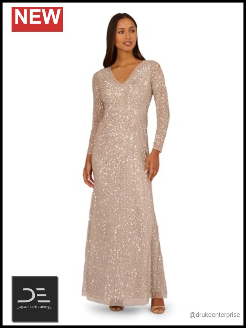 Beaded Mesh Mermaid Gown V-Neck Long Sleeves